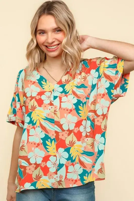 Haptics V Neck Drop Shoulder Hawaiian Woven Top for Summer - Love Salve